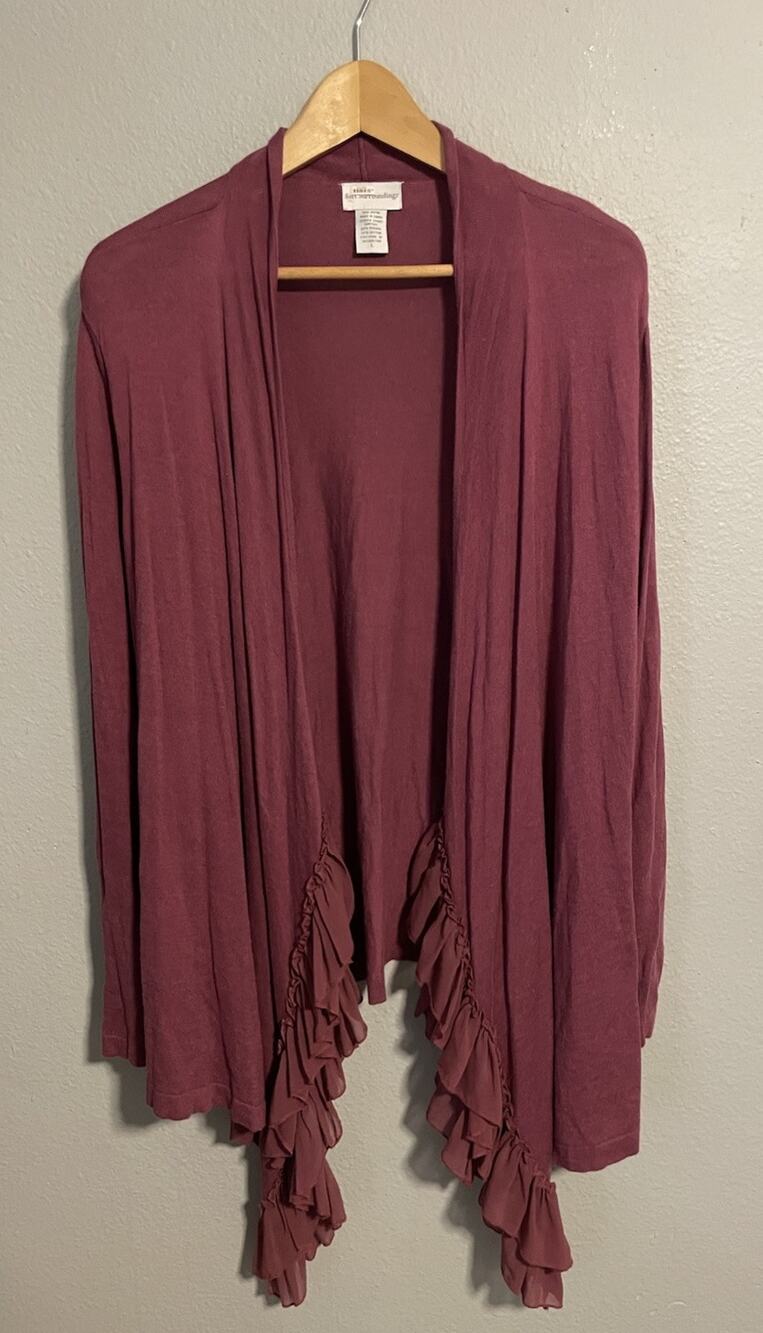 Soft Surroundings Women Cardigan Large Burgundy Open Front Ruffle Romantic Fairy